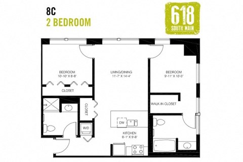 Two Bedroom 2 Bath 861 sq. ft.